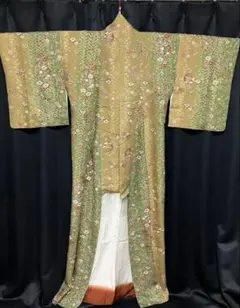 緑と金の花柄 小紋着物