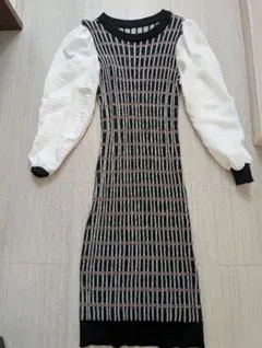 美品☆チェック柄ニットひざ丈ワンピース*パフスリーブ