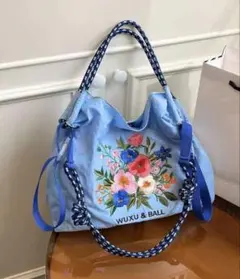 M ショルダーストラップつき　2WAY 花柄　刺繍エコバッグ　トートバッグ