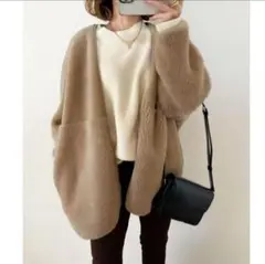 【新品】茶ベージュ系 フリースジャケット ノーカラーコート フェイクファー ボア