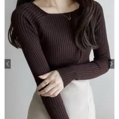 GRL スクエアネックリブニットトップス[rut072] ブラウン