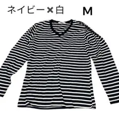美品　ネイビー×白 ボーダーVネック Tシャツ　M シンプル