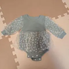 ミントグリーン　花柄チュール　ロンパース