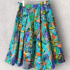一点もの✨総柄フレアスカート ひざ丈 グリーン系 多色 海外古着　アート柄