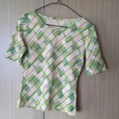 緑とオレンジのチェック柄五分袖Tシャツ