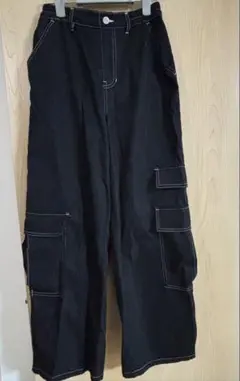 ステッチ ワークパンツ カーゴパンツ ブラック Mサイズ / ワイドシルエット