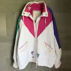 イジィ ナイロンジャケット スタンドカラー 幾何学 XL 白桃紫緑 ナイロンのサムネイル