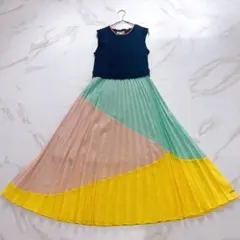美品 テッドベイカー ブロック配色プリーツマキシワンピース 紺×ピンク