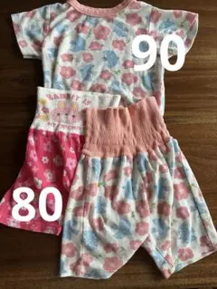 半袖ベビーパジャマセット 80、90cm 花柄腹巻き付きズボン腹巻き付きステテコ