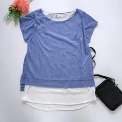f255 ミッシェルクラン レイヤード風カットソー ブルー系　フレンチスリーブ