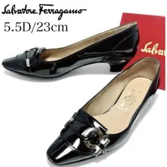 美品✨フェラガモ 5.5D/23cm パンプス ガンチーニ パテントレザー 黒