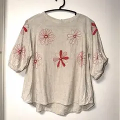 cocon 刺繍ブラウス 麻混 花柄 ナチュラル系 ゆったり M〜L 半袖 美品