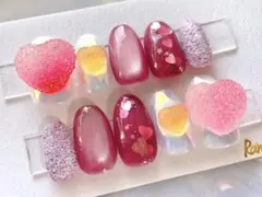 バレンタインネイル　ネイルチップ　ハートホロ　マグネット　冬ネイル　グミネイル