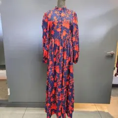 【未使用品】ネイビーと赤の花柄長袖ワンピースドレス SMサイズ柔らか素材