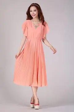 LL 新品 半袖フレアワンピース オレンジ 大きいサイズ レディース ロング丈