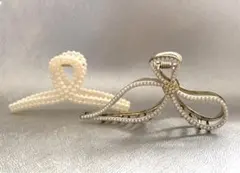 パール・リボン型　ヘアクリップ2点セット