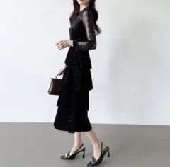 47.【S】ベロア ワンピース ラメ シースルー レース 黒 お呼ばれ　結婚式