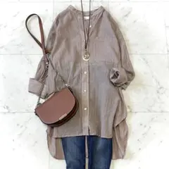 美品 クロスアンドクロス ストライプスタンドオーバーシャツ ピンクFREE