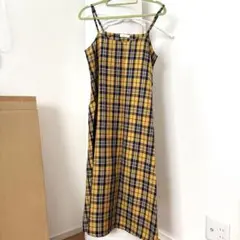 イエローとネイビーのチェック キャミワンピース