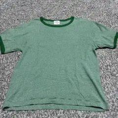 coen 緑と白ストライプ 半袖Tシャツ Lサイズ