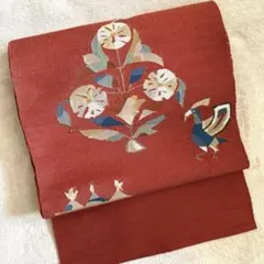 【専用】八寸名古屋帯 紬　臙脂色　花と鳥の織り込み柄