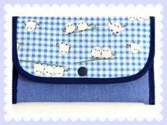 new!【シマエナガ×チェック(青)柄】通帳ケース　お薬手帳ケース