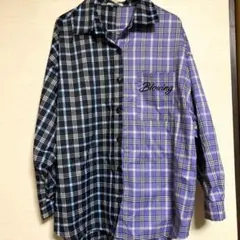 シャツ チェック 黒 紫 長袖 Leahmatin