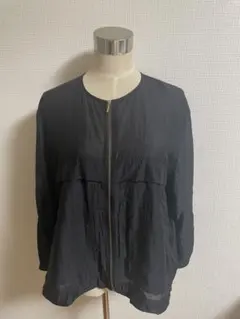 ノーカラー裾ドロスト付きシアーブラックブルゾン (Ｌ)