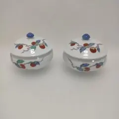 錦松梅 有田焼 小鉢 蓋付鉢 2客セット 柿絵 染付小物入れ 260326-8Aのサムネイル