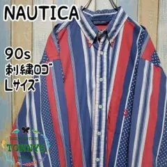 【ノーティカ】ストライプＢＤシャツ　90s　星条旗モチーフ　刺繍ロゴ　Ｌサイズ