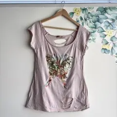 LALACUB 蝶スパンコール 半袖Tシャツ ピンクのサムネイル