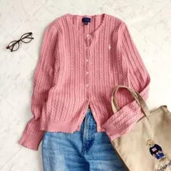 人気【ラルフローレン】ケーブルニットカーディガン　ポニー刺繍　コットン　ピンク