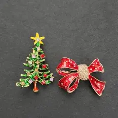 ブローチ クリスマスブローチ 2点セット リボン ツリー