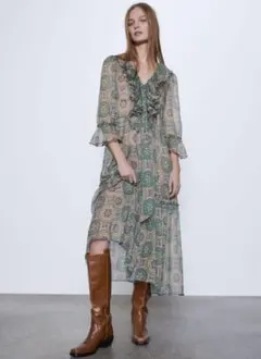 新品☆ZARA ザラ フリル付きロングワンピース S グリーン green