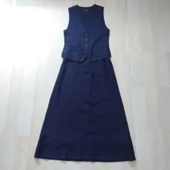 グリーンレーベル　洗えるセットアップ　リネンライク　ベスト　スカート　紺　美品