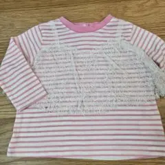 90【マザウェイズ】レース付きピンクストライプ長袖Ｔシャツ