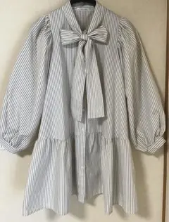 フレアシャツワンピース/ストライプ柄/リボン付きシャツ※即日発送可能