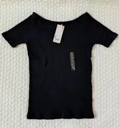 新品　ユニクロ　トップス　Tシャツ　ネイビー　M　リブバレエネックT 半袖