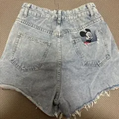 ミッキーマウス刺繍デニムショートパンツ ハイウエストライトブルー