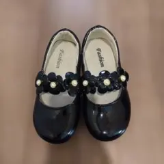 ブラック フォーマルシューズ 花とパール装飾　18センチ