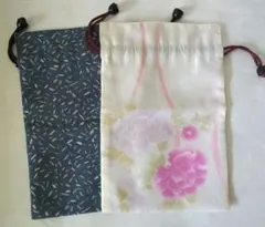 ♦巾着袋 牡丹花柄と青地模様 (マチなし)２枚セット