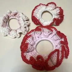 かぎ針編みフリルシュシュ3個セット 赤×ピンク×白