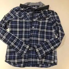 フード付き チェックシャツ 長袖 ネイビー M
