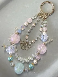 【一点もの】空色リボンと桜色の夢 ストラップ＆バッグチャーム
