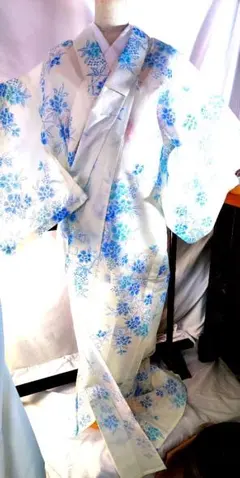 【千寿】/アンティーク夏着物爽やかホワイトブルー