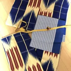 SALE❤️アンティーク正絹小紋　青と黄色の変わり縞に朱の矢絣のビビッド大正浪漫