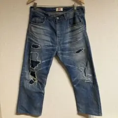 00s Levi's 501 ブルーデニム リペア ダメージ ヒゲ