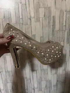 ゴールド パール装飾 高ヒールパンプス