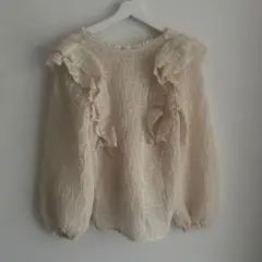 アイボリー フリルデザイン 長袖ブラウス FREEサイズ