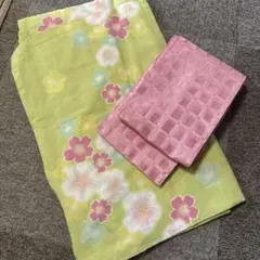 花柄浴衣 帯セット ピンク 黄緑色
